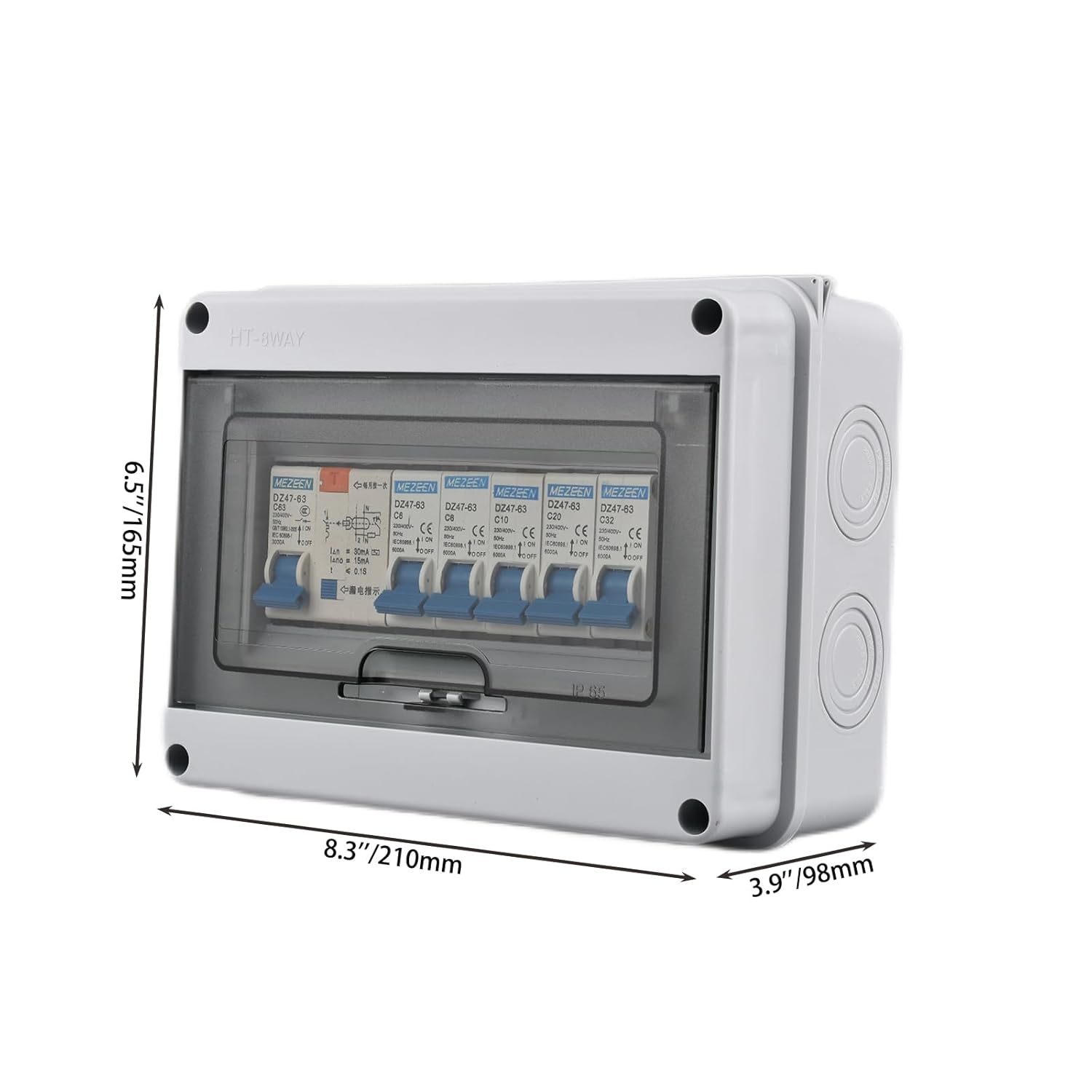 8 Way Miniature Circuit Breakers with Waterproof Distribution Box Outdoor 63A 220V Earth Leakage Overload Short Circuit Protection for Home, Industrial, and Commercial Use(6A 10A 20A 32A)