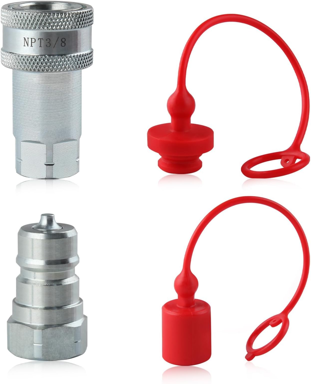 3/8" NPT Thread Ag Hydraulic Quick Connect Tractor Couplers with Dust Caps, ISO 7241-A Compatible, Red, Carbon Steel, 4 Pack