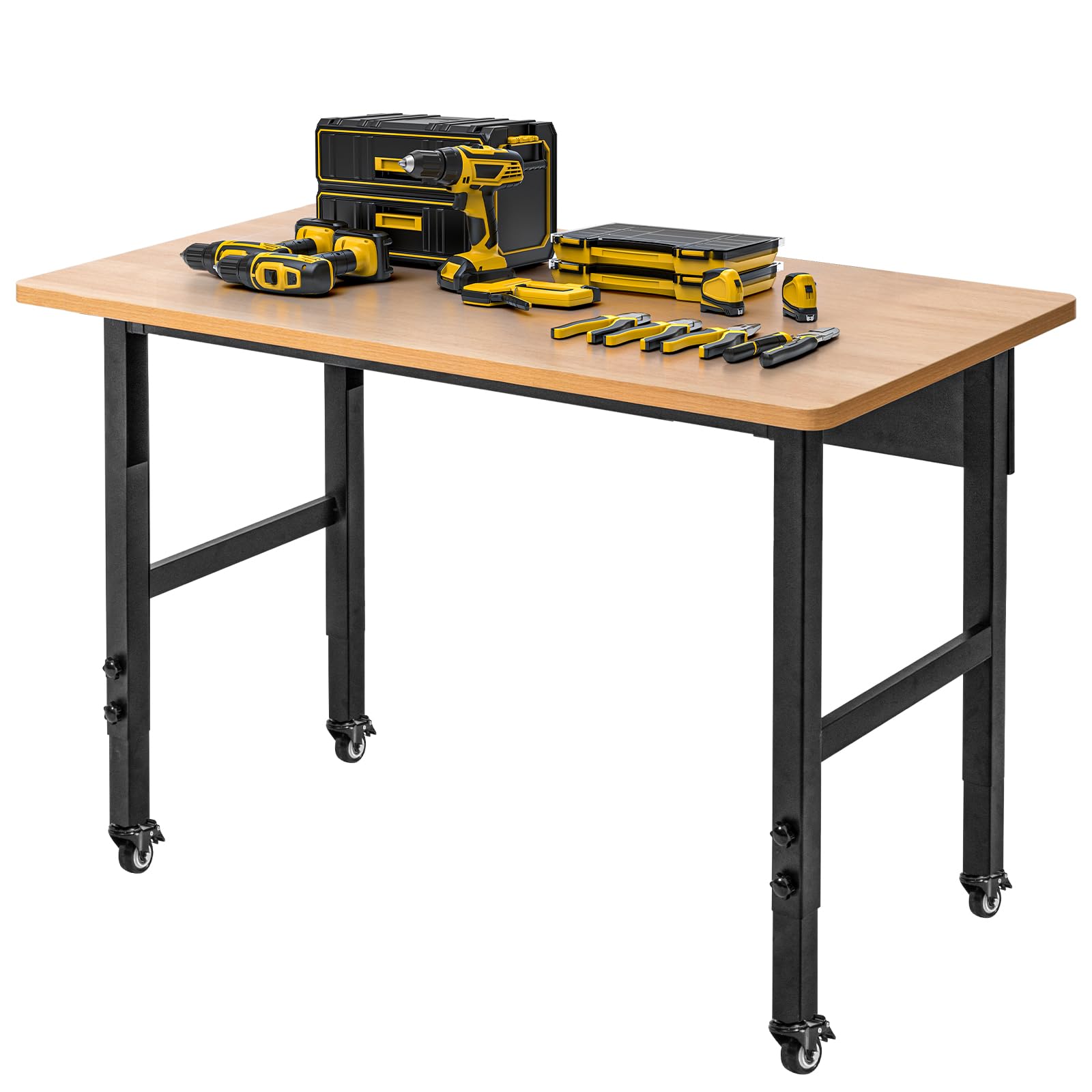 Banco de trabajo ajustable con ruedas, mesa de trabajo con ruedas para garaje, banco de trabajo de madera dura de gran capacidad, mesa de trabajo resistente para taller, oficina, garaje, hogar