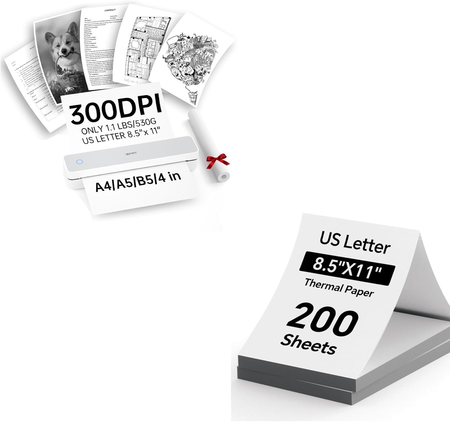 iDPRT Portable-Printer + 200 Sheets 8.5"x11" Sized Thermal Paper