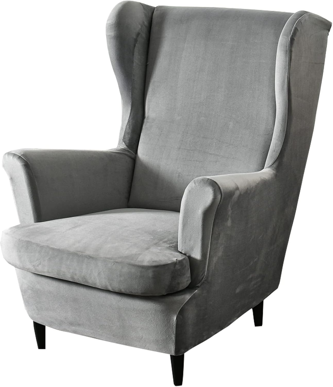 MIFXIN Wingback Chair Slipcovers 2-Piece Velvet Stretch Fabric Elastic Washable Wing Chair Cover with Cushion Cover Armchair Sofa Furniture Protector for Living Room (Grey)