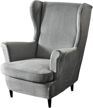 MIFXIN Velvet Wingback Chair Slipcover 2 Piece Stretchy Wing Chair Slipcovers Soft Spandex Washable Armchair Furniture Protector Grey