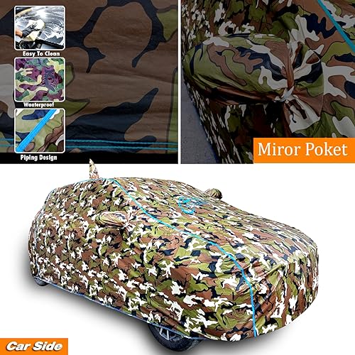 Image of Waterproof Car Body Cover Compatible with Mahindra Scorpio N Z8 Diesel at Mirror Pocket and Antenna Pocket, Triple Stitched (Jungle Print with Blue Piping Design)