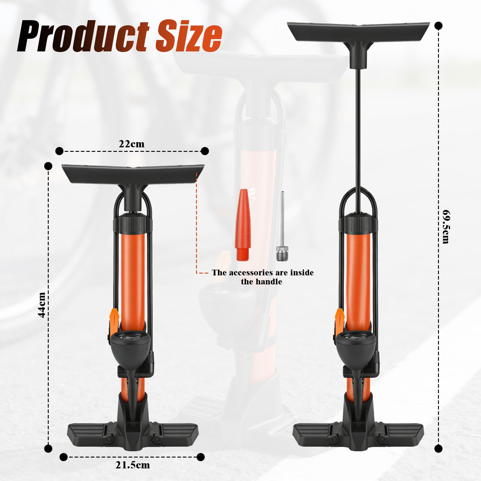 Pompa per Bicicletta, Pompa da Pavimento per Bici con Manometro, Pompa ad Aria per Bicicletta, per Valvole Presta e Schrader, Alta Pressione 160 PSI, per Bicicletta, Moto, Arancione - 2