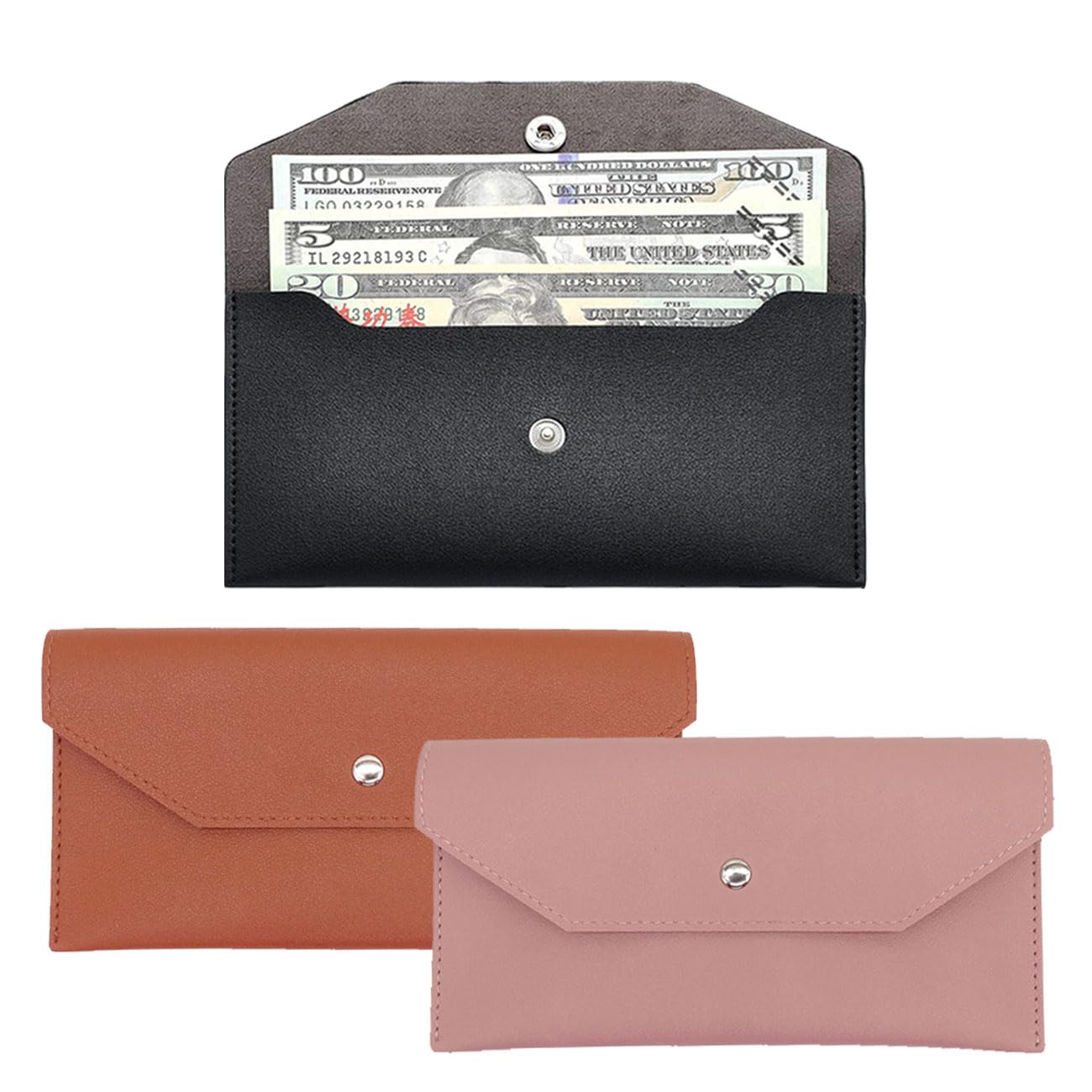 SHENGYIYISHENG Cash Wallets for Women, PU Leather Envelope Wallet with Metal Snap Reusable Cash Stuffing Wallet for Women/Men Students Office Supplies