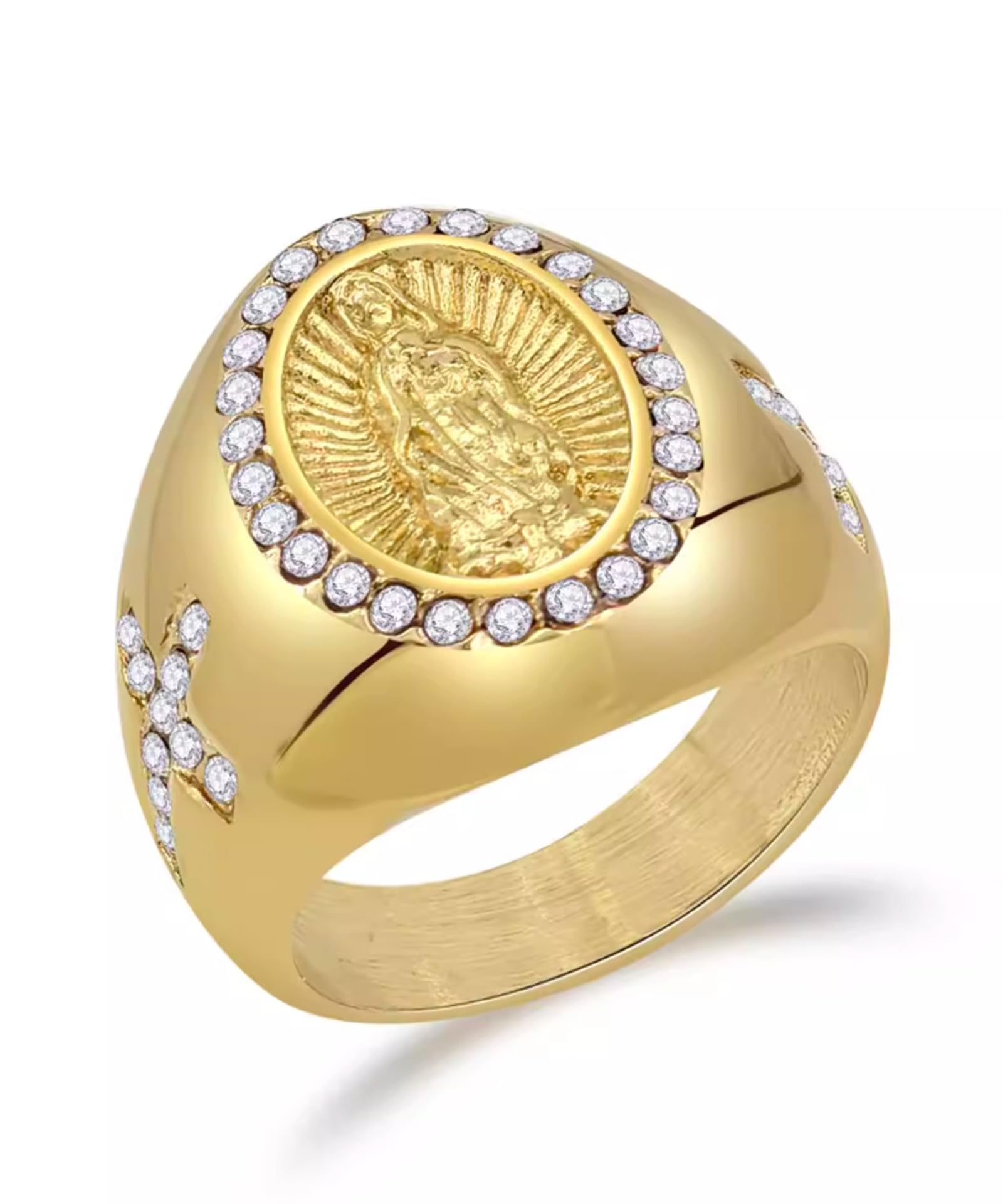 JAJAFOOK Men's Gold Plating Cubic Zirconia Our Lady of Guadalupe Virgin Mary Ring Religious Ring Size 7-13