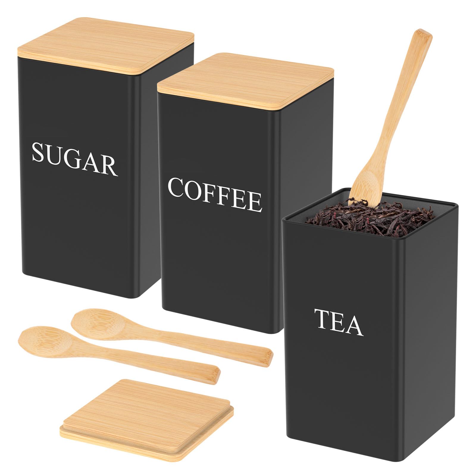 Ghshanog 3Pcs Tea Coffee Sugar Canisters,1000ML Metal Canister Storage Jar Container Set with Airtight Wood Lid and Spoon,Multi-Purpose Kitchen Food Storage Containers for Counter