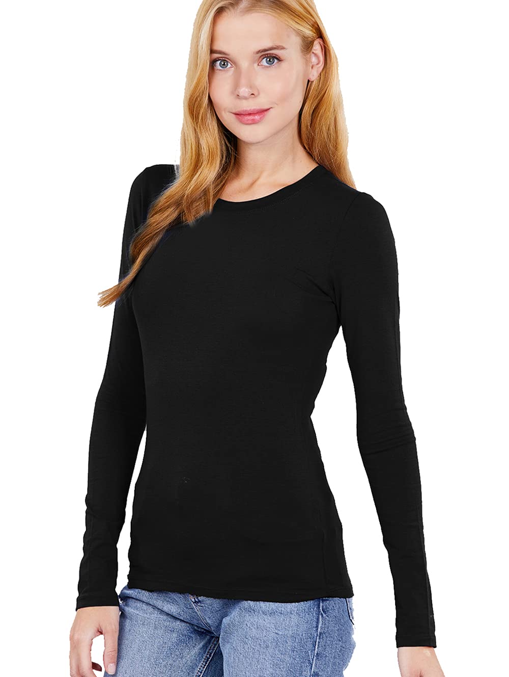 Women's Basic Solid Lightweight Soft Cotton Long Sleeve Crew Neck & V Neck Slim Top Shirts Plus (S-2XL)