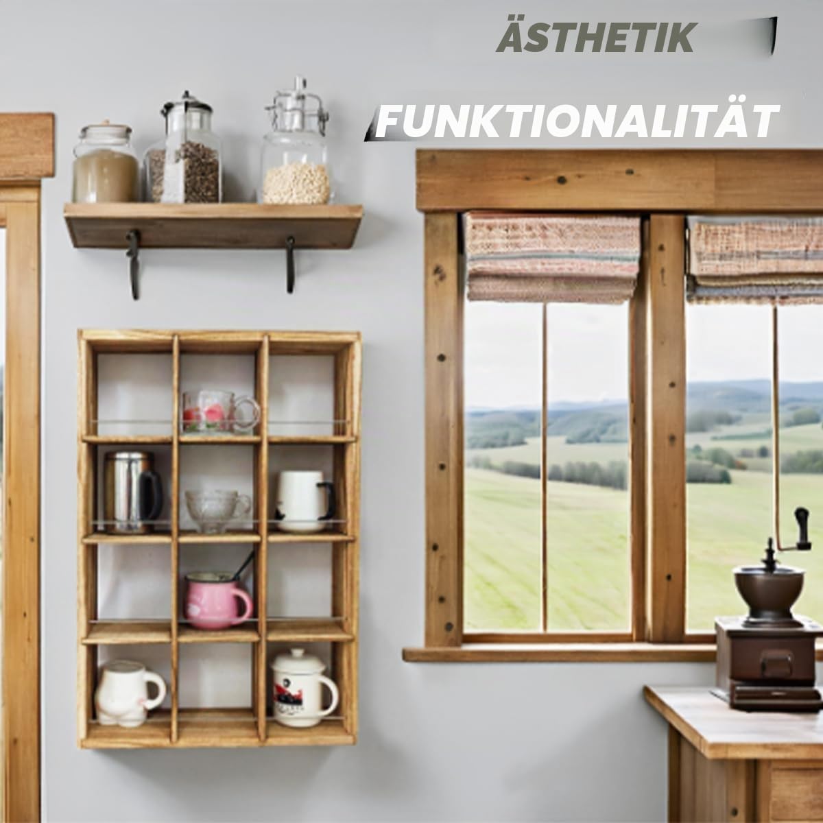 Wandmontiertes Kaffeebecher-Präsentationsregal, 43,2 x 63,5 cm, großes Holzregal, Becherhalter, Schattenbox, Regal, rustikales Becherregal, Schnapsgläser, Vitrine mit 12 Fächern (Carbon)