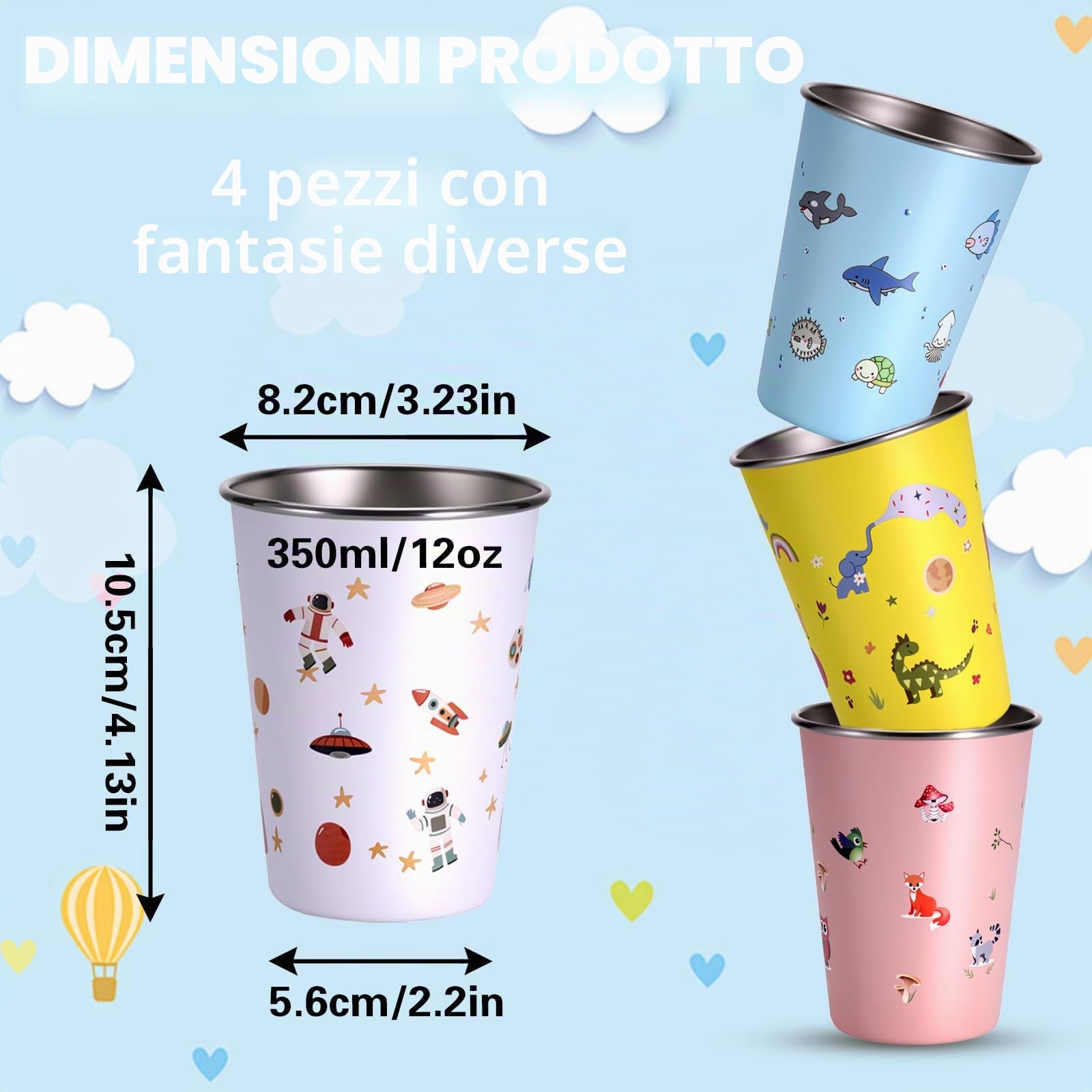 Hejo Set di 4 Tazze in Acciaio Inox per Bambini, Impilabile Tazza campeggio 350 ml, Riutilizzabili, Tazze infrangibili per bambini e bambine, per Picnic, Viaggi, Barbecue, Escursioni