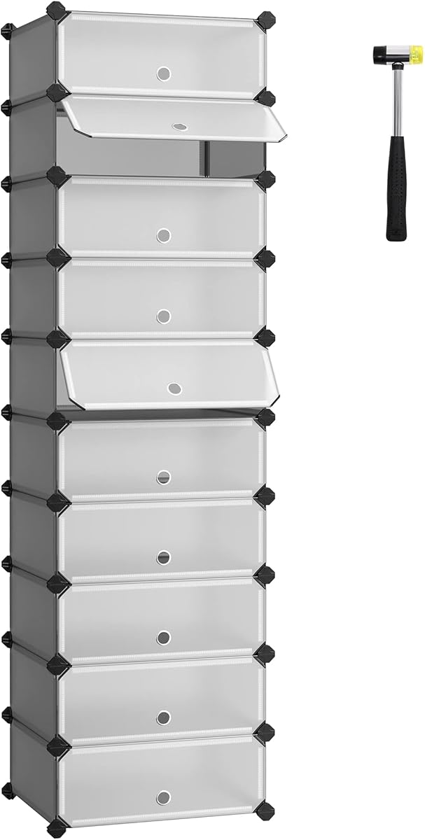 SONGMICS LPC010G01 Shoe Cabinet with 10 Compartments, Modular Plastic Shelf, Shoe Box, with Door, Mallet Storage, Grey