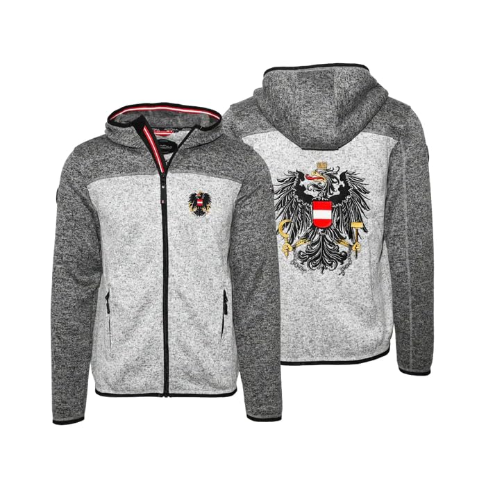 Hoamatkult Österreich Kultjacke mit Kapuze für Herren – Strickfleece Jacke – Moderner Alpenlook mit Adler Stickerei & Kult-Details (3XL, Hellgrau/Dunkelgrau)