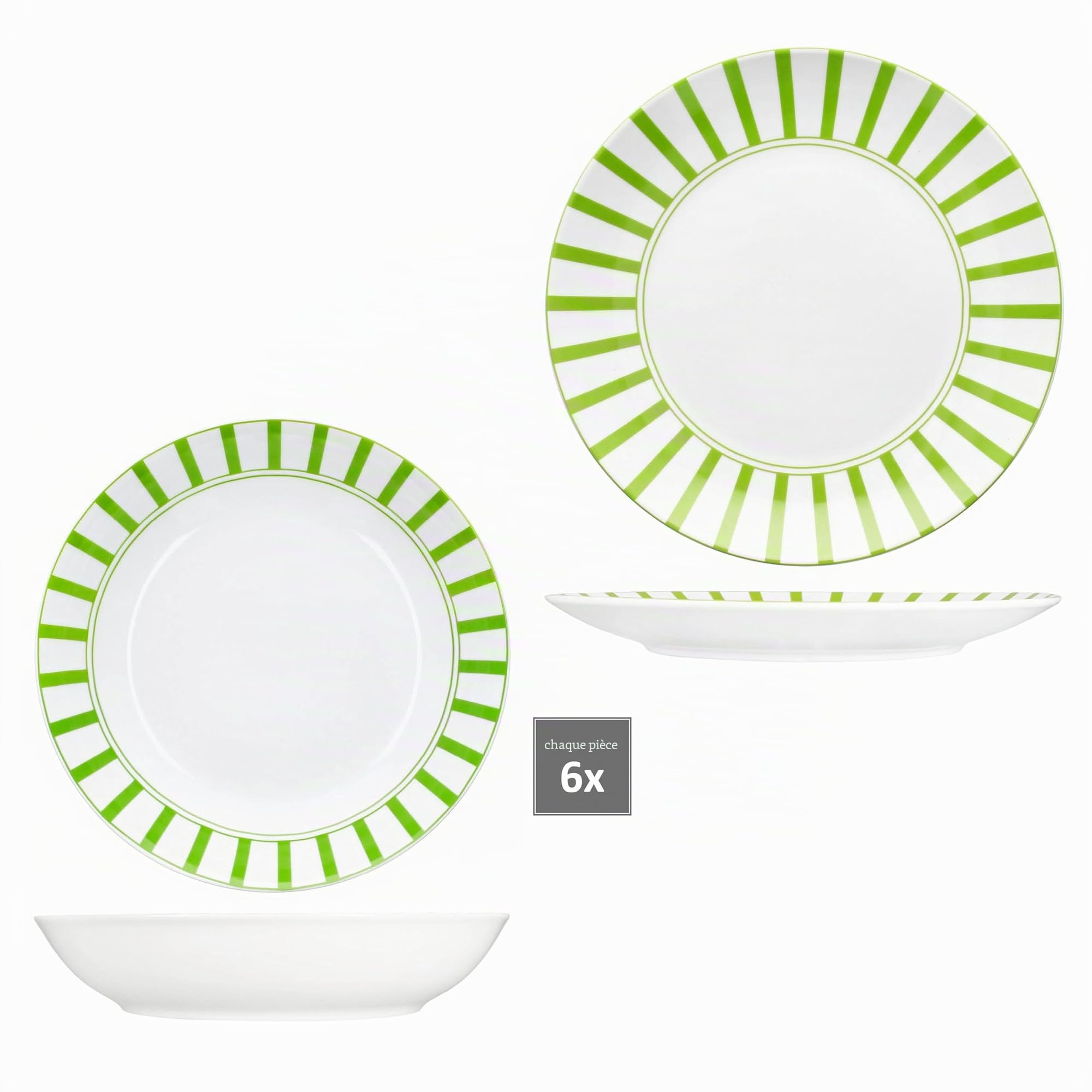 MamboCat Service de table Split vert 12 pièces - Vaisselle en porcelaine blanche avec rayures pour 6 personnes - 6 assiettes creuses et 6 assiettes plates pour le petit-déjeuner, le déjeuner et le
