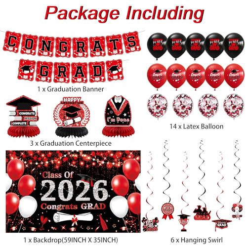 Image of DARUNAXY Black Red Graduation Party Decorations, Red Class of 2026 Graduation Banner, 2026 Congrats Grad Honeycomb Hanging Swirl Confetti Balloon Congratulations Graduates Party Supplies(25PC)