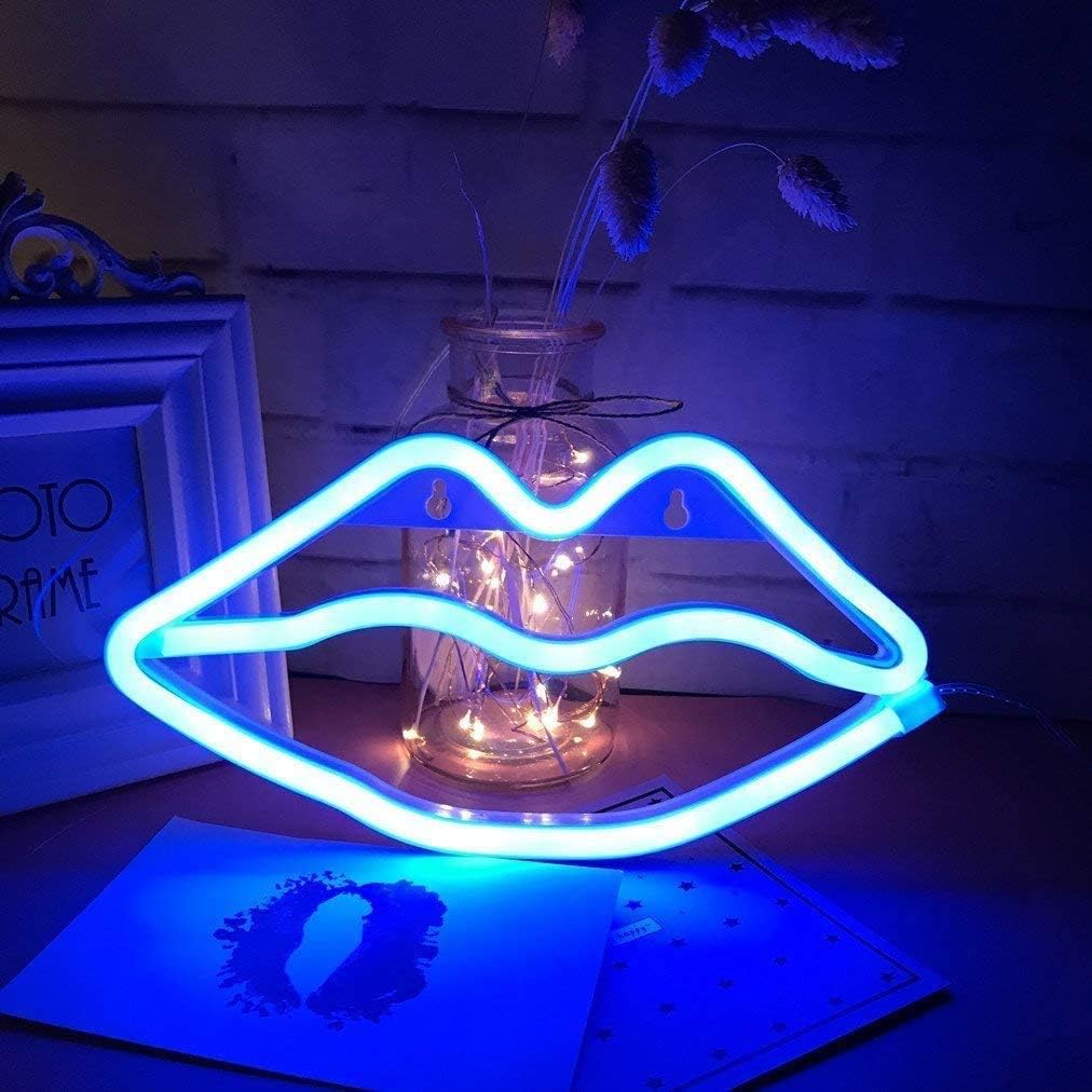 OHLGT LED Neon Light Pink Lips, Neon Sign for Wall Decor Battery and USB Operated Neon Decorative Lights for Christmas Halloween Home Kids Bedroom Bar Party Propose Marriage Wedding Birthday (Blue)