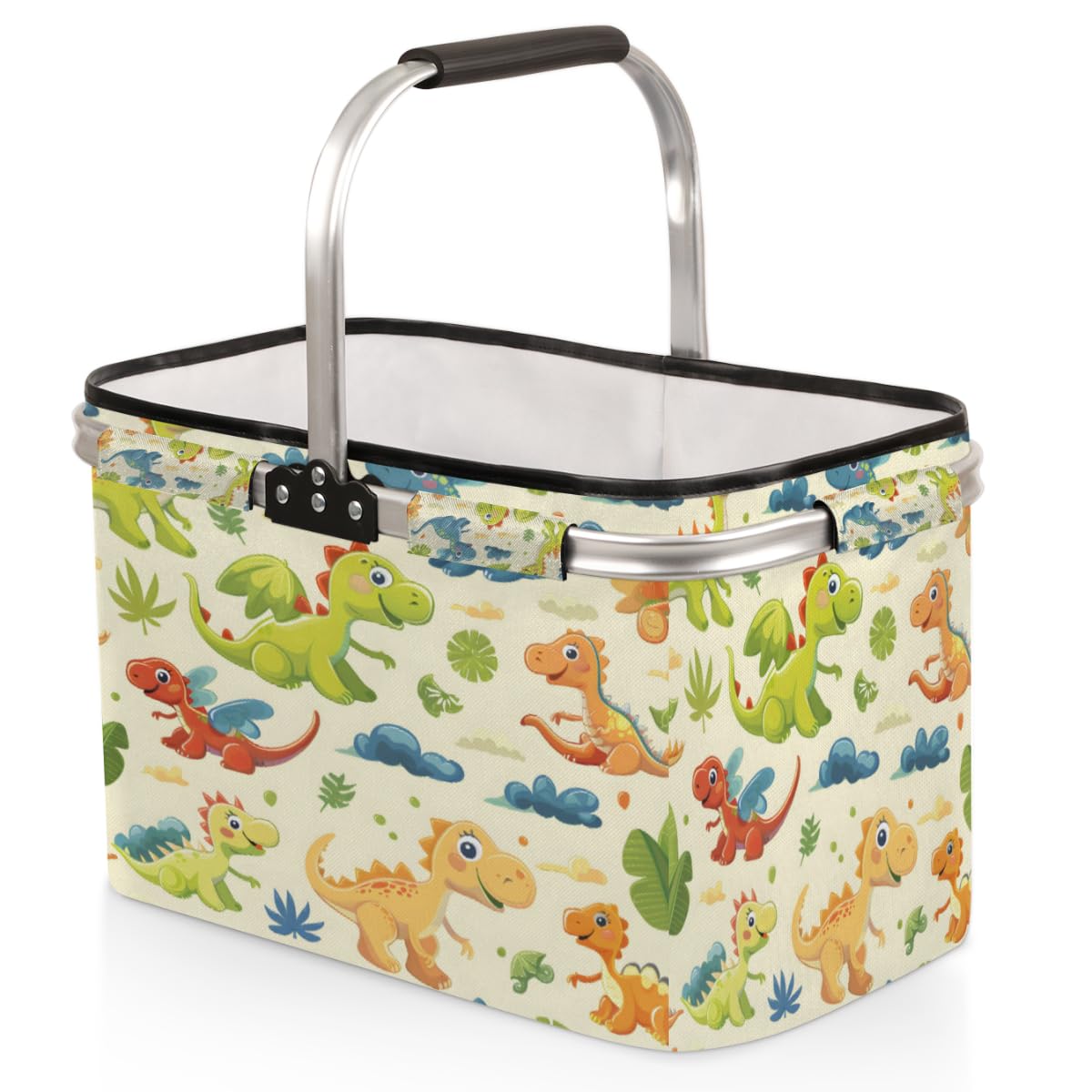 Tablerazzi Dinosaur Animal Cute Folding Picnic Basket Large Reusable Shopping Basket Collapsible Grocery Bag with Handle Aluminum Frame Market Basket