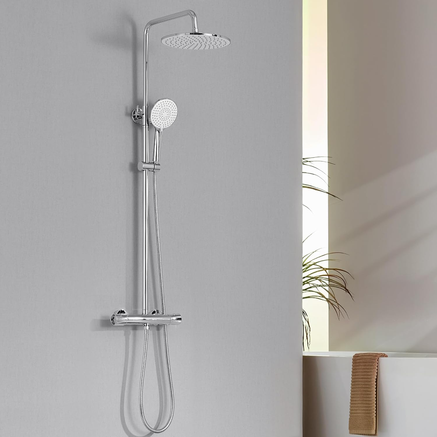 Auralum Colonna Doccia con Miscelatore Termostatico, Set Doccia con Soffione Doccia ∅25cm e Doccetta 3 Funzioni, Colonna Doccia con Asta Saliscendi Doccia Altezza Regolabile 102-125cm, Cromo