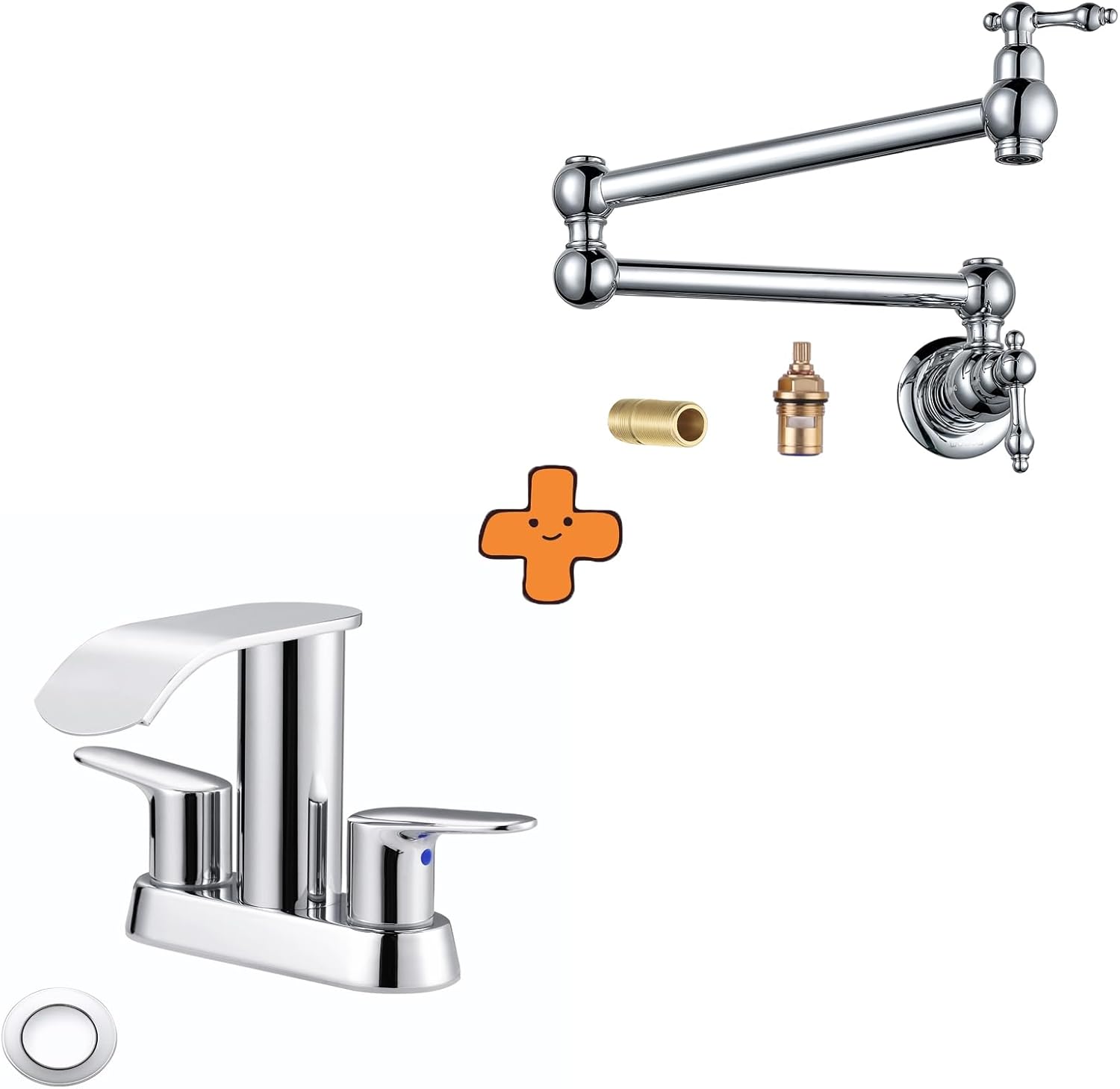 WOWOW Waterfall Bathroom Sink Faucet,Chrome Two Handles Bathroom Faucet and Pot Filler Faucet Brass Faucets Kitchen Wall Mount Chrome Commercial Faucet Folding Kitchen Faucet
