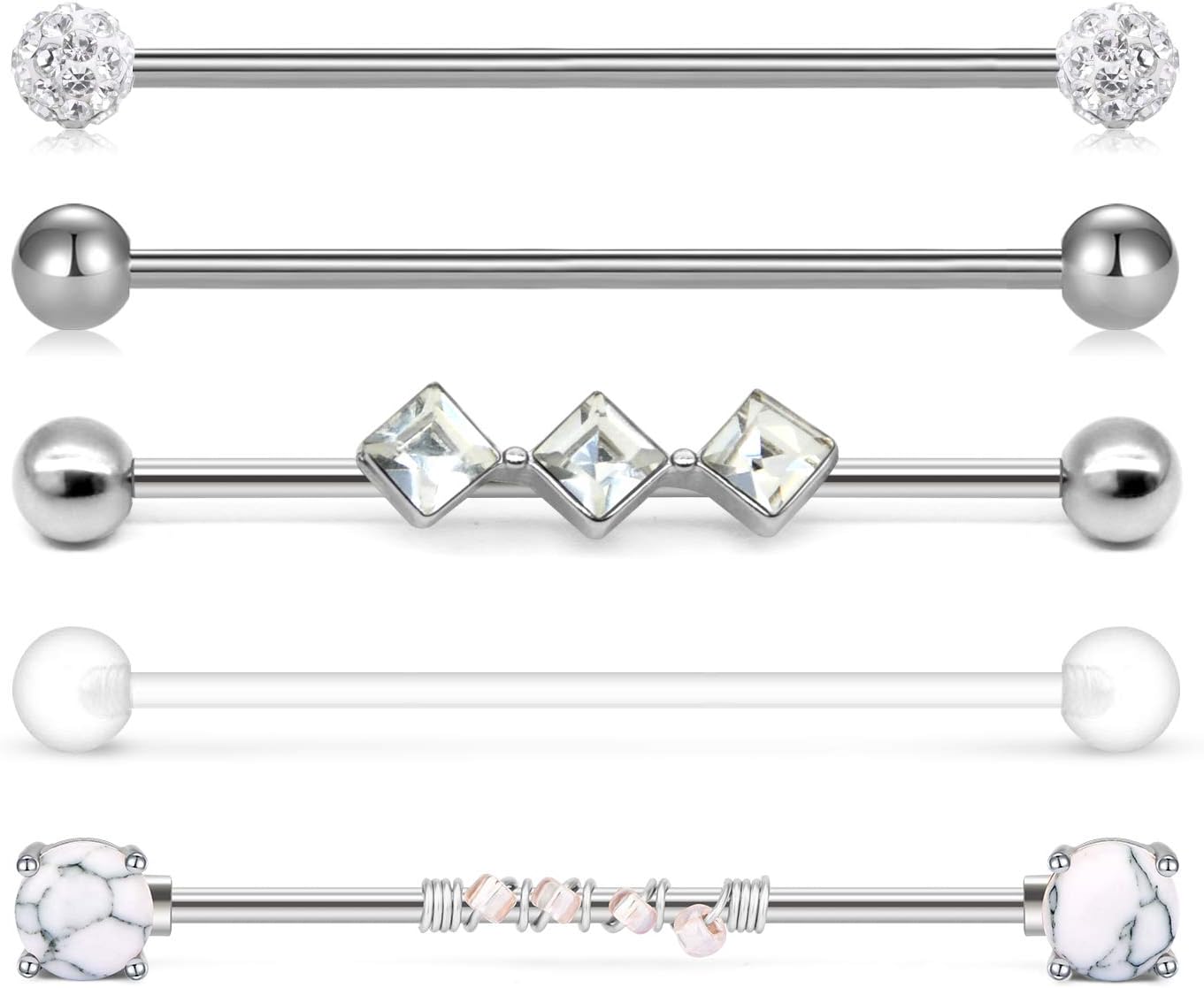 Incaton 14g Industrial Barbell Stone Industrial Piercing Surgical Steel Cartilage Earrings 1 1/2"(38mm) Bar Length