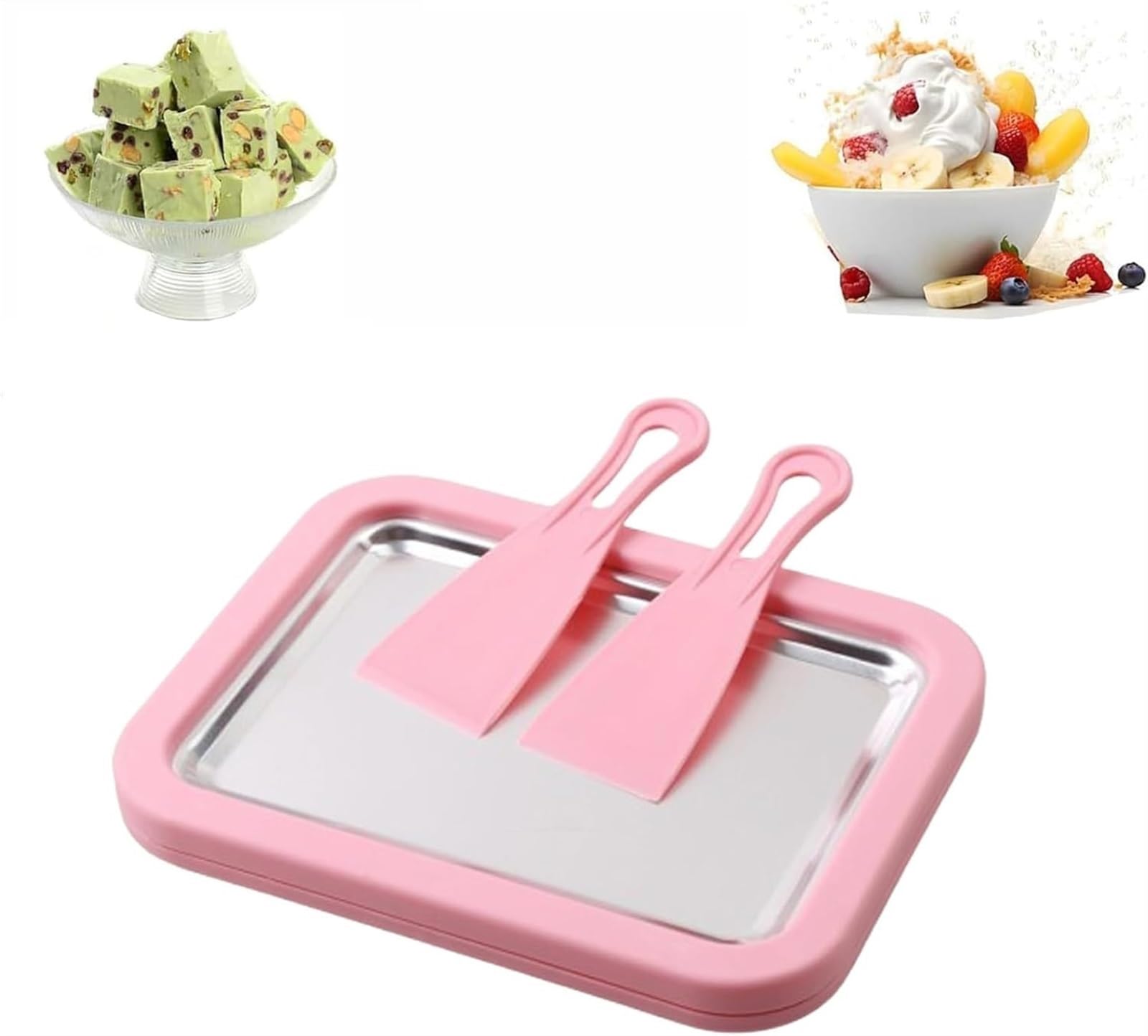 Vimlo Petrus-Eiscremeschale, Petrus-Eiscrememaschine, Eiscremerollenmaschine, DIY-Mini-Eiscremeplattenmaschine, Süßer Roller, Instant-Kälteplatte mit 2 Schabern(Pink)