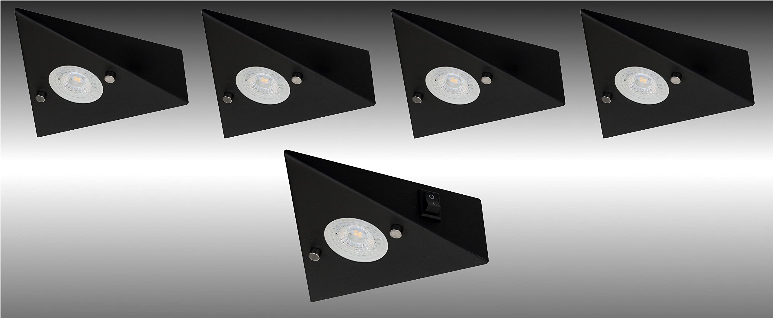 Trango 5er Set 6740-55 Küchen-Unterbauleuchte in Matt-Schwarz *COOK* Einbauleuchte - Einbaustrahler inkl. 5x 4,8 Watt LED Modul 3000K warmweiß Dreieckleuchte – Küchen-Schrankleuchte 230V erweiterbar