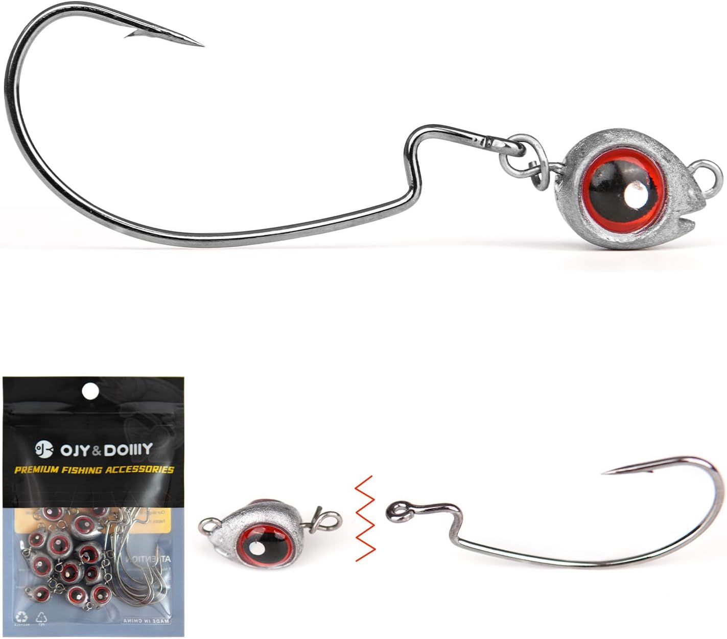 15-Sets Detachable Fish Head Swimbait Jig Heads - Weedless EWG Hooks Kit for Fishing (15 Fish Eye Weights + 15 Hooks)