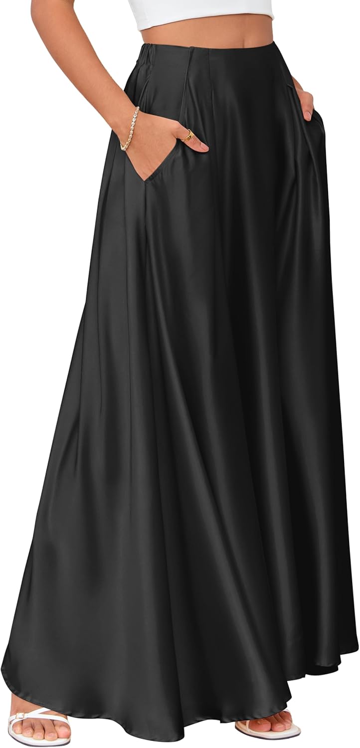 MAKABO Maxi Satin Skirts for Womens High Waisted Flowy Long A line Skirt Trendy for Office Holiday Party
