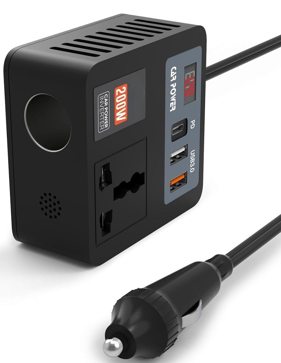 200W Car Power Inverter with 2 USB Ports (18W & 15W QC3.0), 1 USB-C 30W PD, 2 AC Universal Outlets, 12V DC to 220V AC Converter for Laptop, Phone, and Electronics Charging (Plug Car Charger) 200W Car Power Inverter with 2 USB Ports (18W & 15W QC3.0), 1 USB-C 30W PD, 2 AC Universal Outlets, 12V DC to 220V AC Converter for Laptop, Phone, and Electronics Charging (Plug Car Charger)