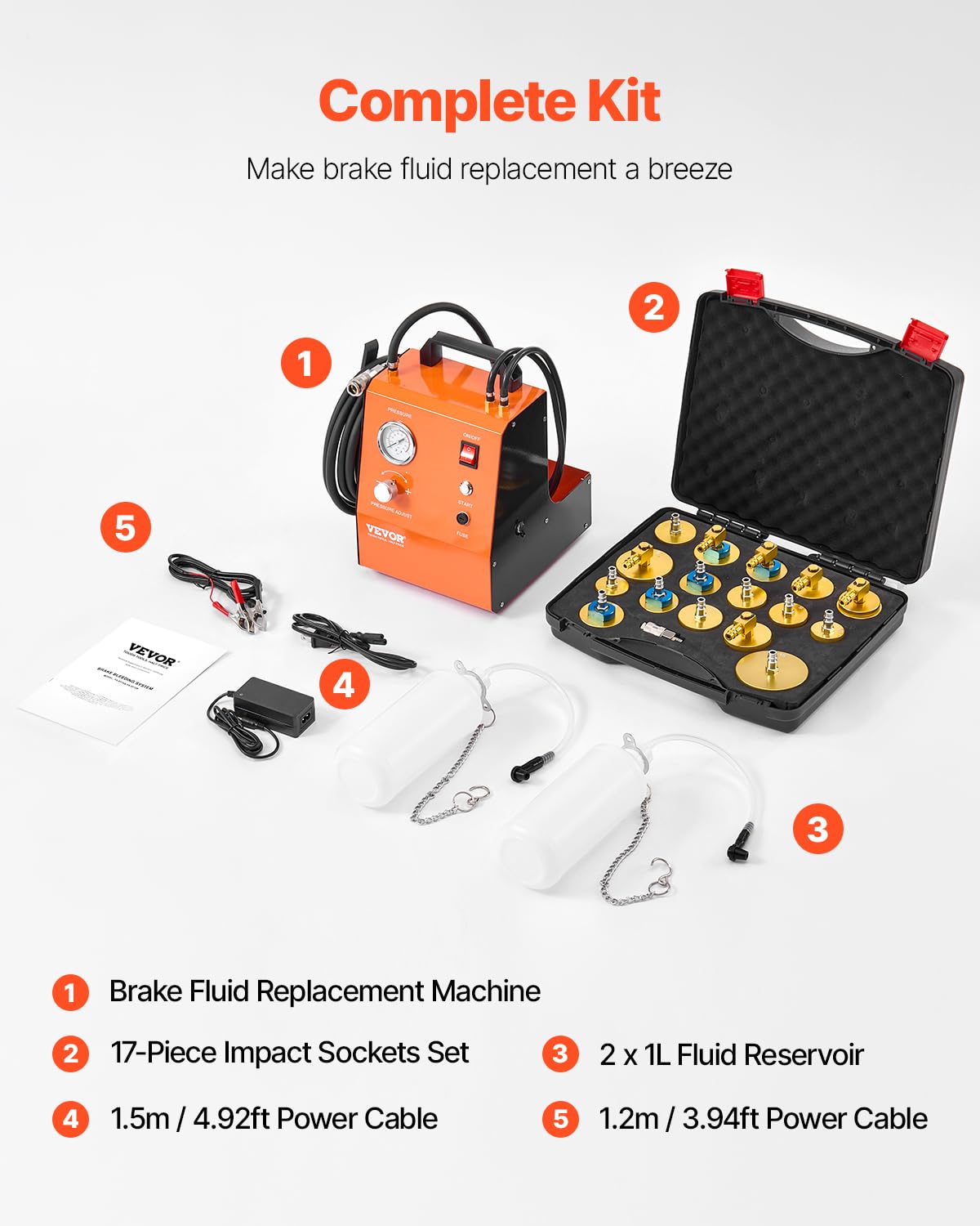 VEVOR Kit de Purga de Frenos Eléctrico Kit de Purga de Cilindro de Freno con Manómetro Bomba de Aire Incorporada Juego de Adaptador de Purga de Frenos Versátiles para Alimentación de CC y CA
