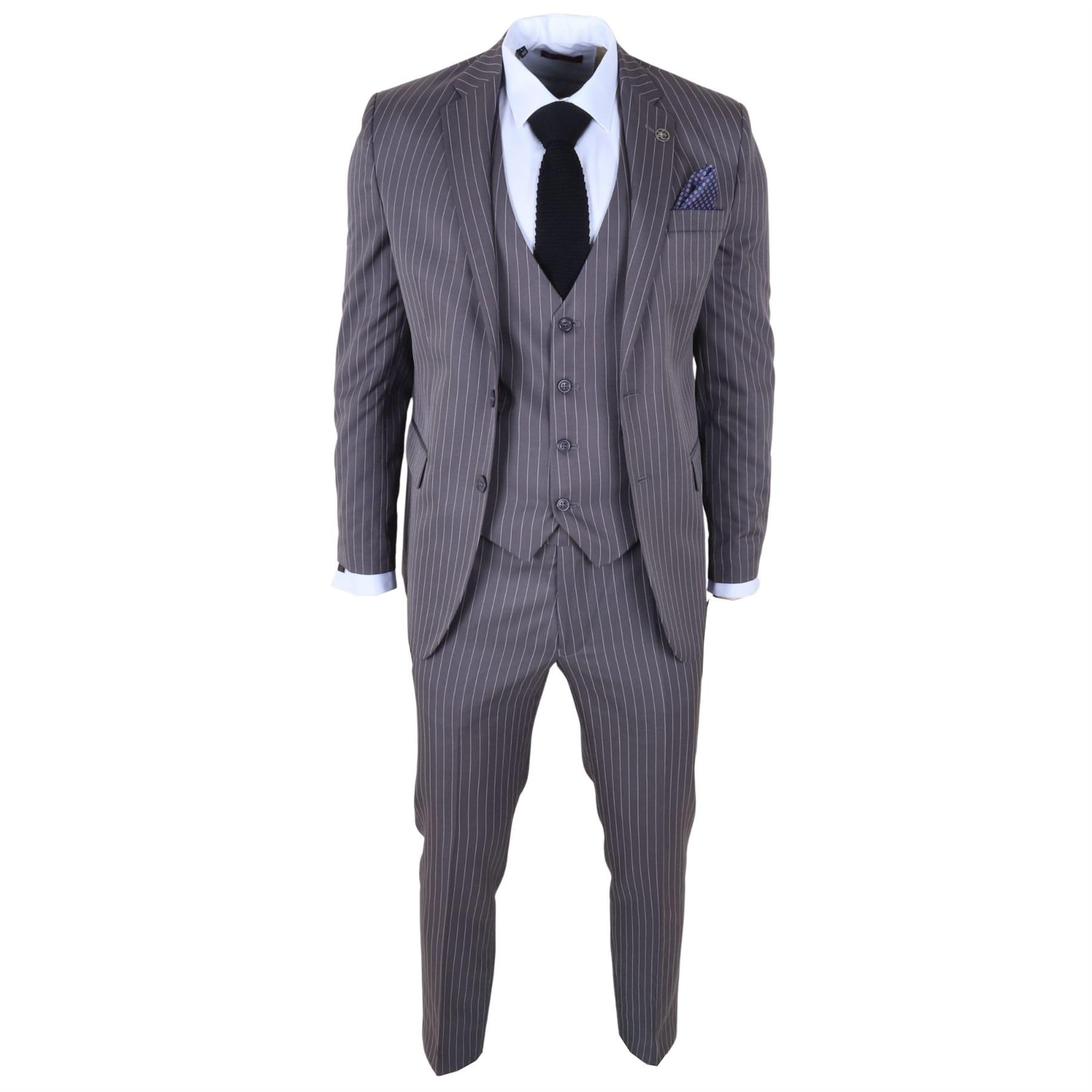 Men's Classic Pinstripe 3 Piece Suit Grey Tailored Fit Formal Set - Grey 38