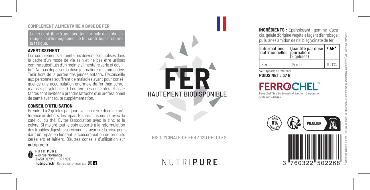 Nutripure | Fer Bisglycinate 14 mg Haute Qualité FERROCHEL® | Haute Absorption | Complément Alimentaire Anti-Fatigue & Renfort du Système Immunitaire | 120 Gélules Végétales | Vegan | Made in France
