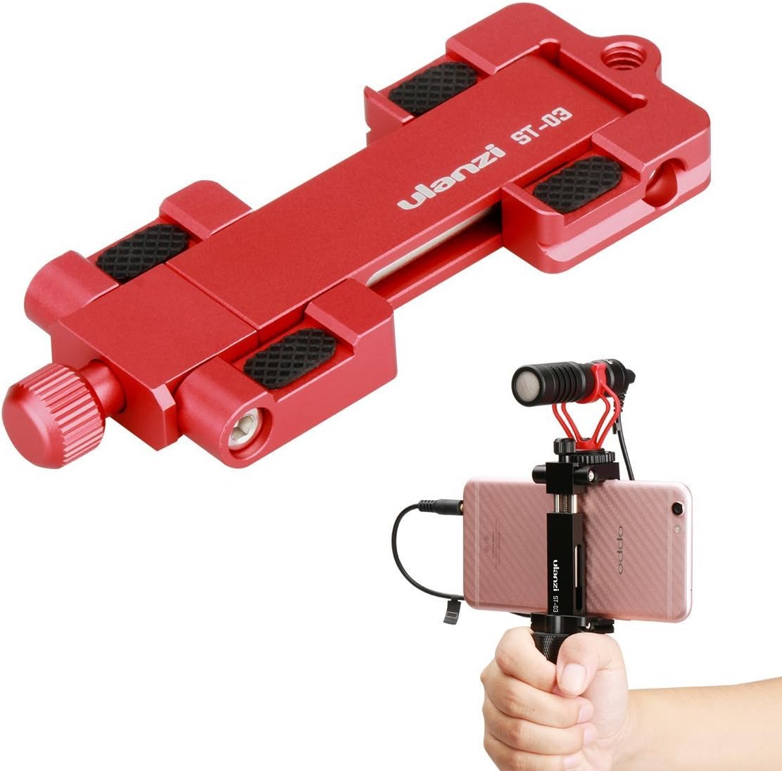 Ulanzi ST-03 Metal CNC Made Adapter Mobile Phone Holder Cold Shoe Mount,Cell Phone Tripod Holder Clip Adapter and Arca-Style Quick Release Plate for 4.3in to 7in Screen Smartphone (Red)