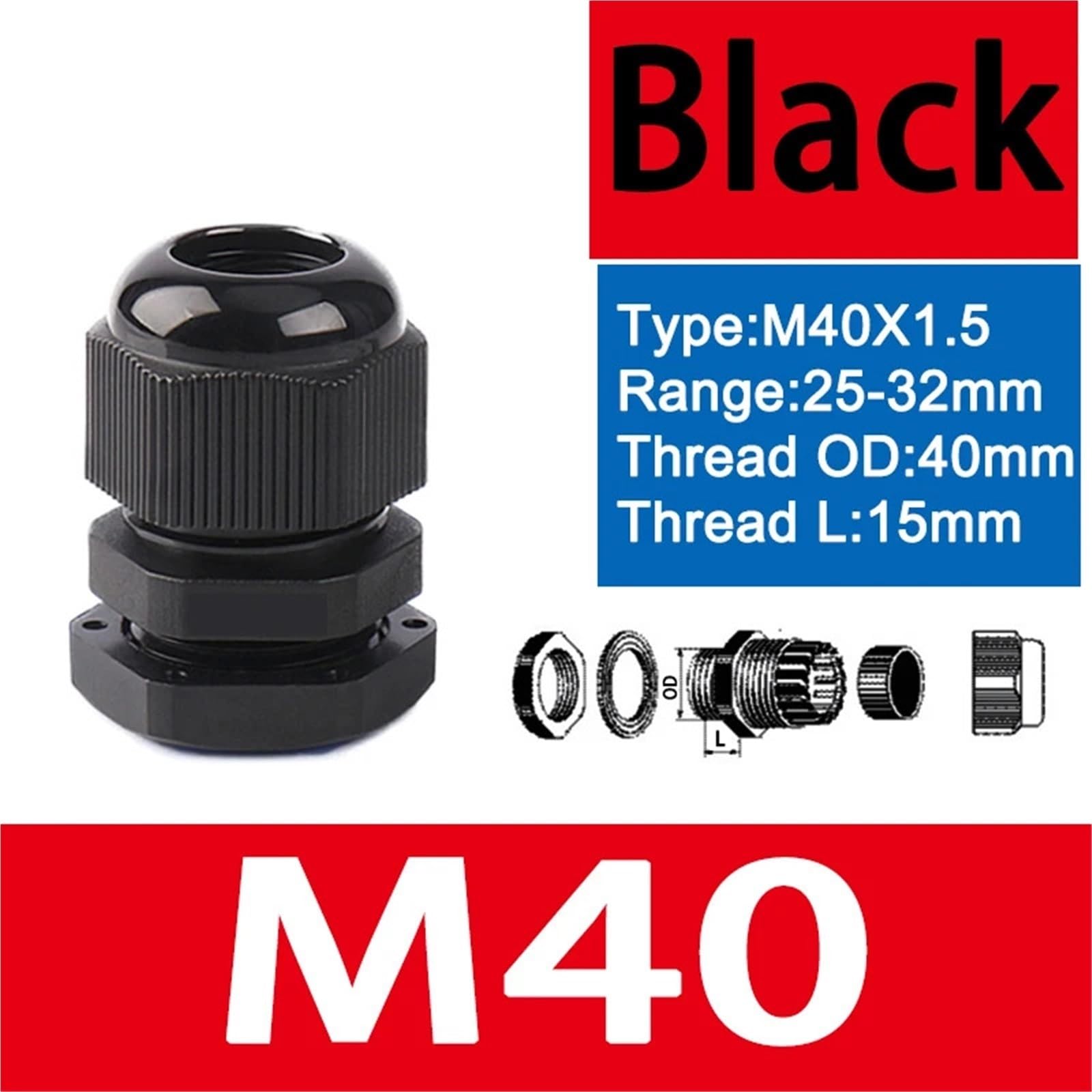 Prensaestopas impermeables 100 prensaestopas impermeables M8 M12 M16 M20 M25 M32 M40 junta de sellado de plástico negro de nailon IP68 conector de nailon (M40-32 BK)