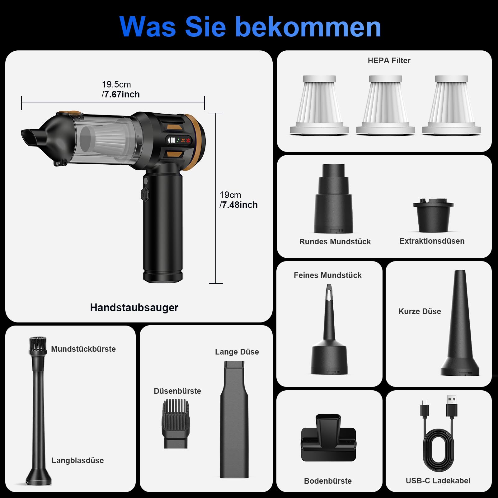 Handstaubsauger Akku, 26000 Pa 4-In-1 Mini Staubsauger Kabellos mit Digitalanzeige 1-Knopf-Selbstentleerung Autostaubsauger 6000mAh 3 Gang Einstellung für Auto, Bürotisch, Tierhaar, Sofa (Schwarz)