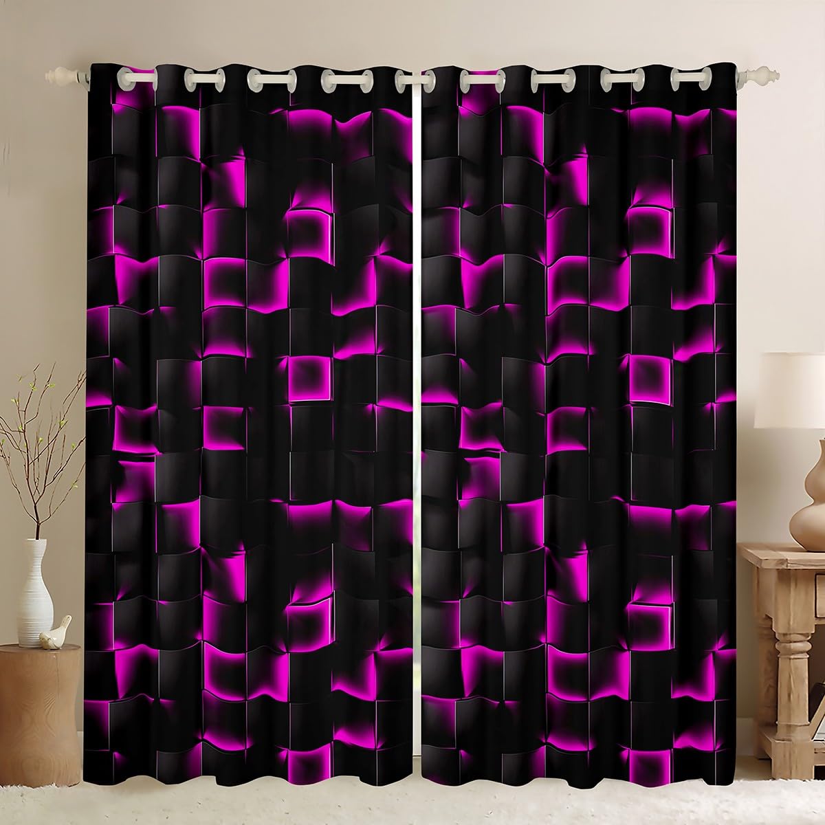 Homewish Neon Black Purple Blackout Curtains Violet Geometric Checkered Window Curtains for Kids Adults Gaming Room Decor, Abstract Ombre Plaid Grids Window Treatments Drapes 2 Panels 66 x 90 Inch