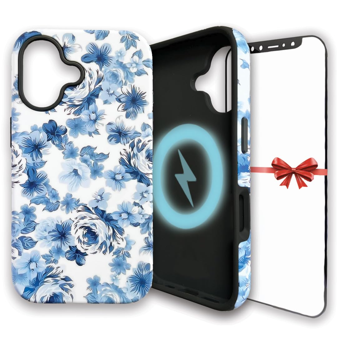 SUVICASA iPhone 16 Case Blue Floral MagSafe Compatible | Free Screen Protector | Dual Case for Heavy Duty Protective Back | Camera Lens Raised Edges