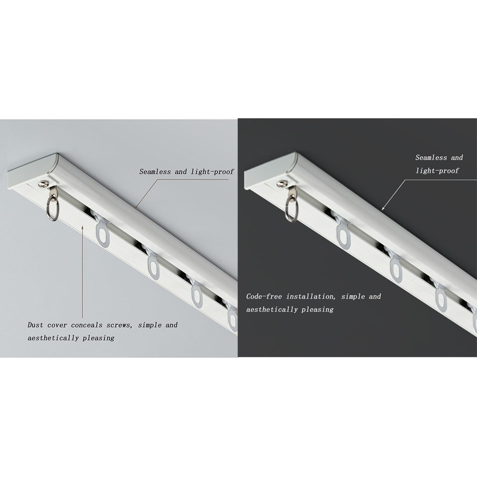 Rail de rideau en alliage d'aluminium ultra-mince, monté sur le dessus avec perforations, conception ultra-mince, adapté aux baies vitrées et aux salles de bains(210cm)