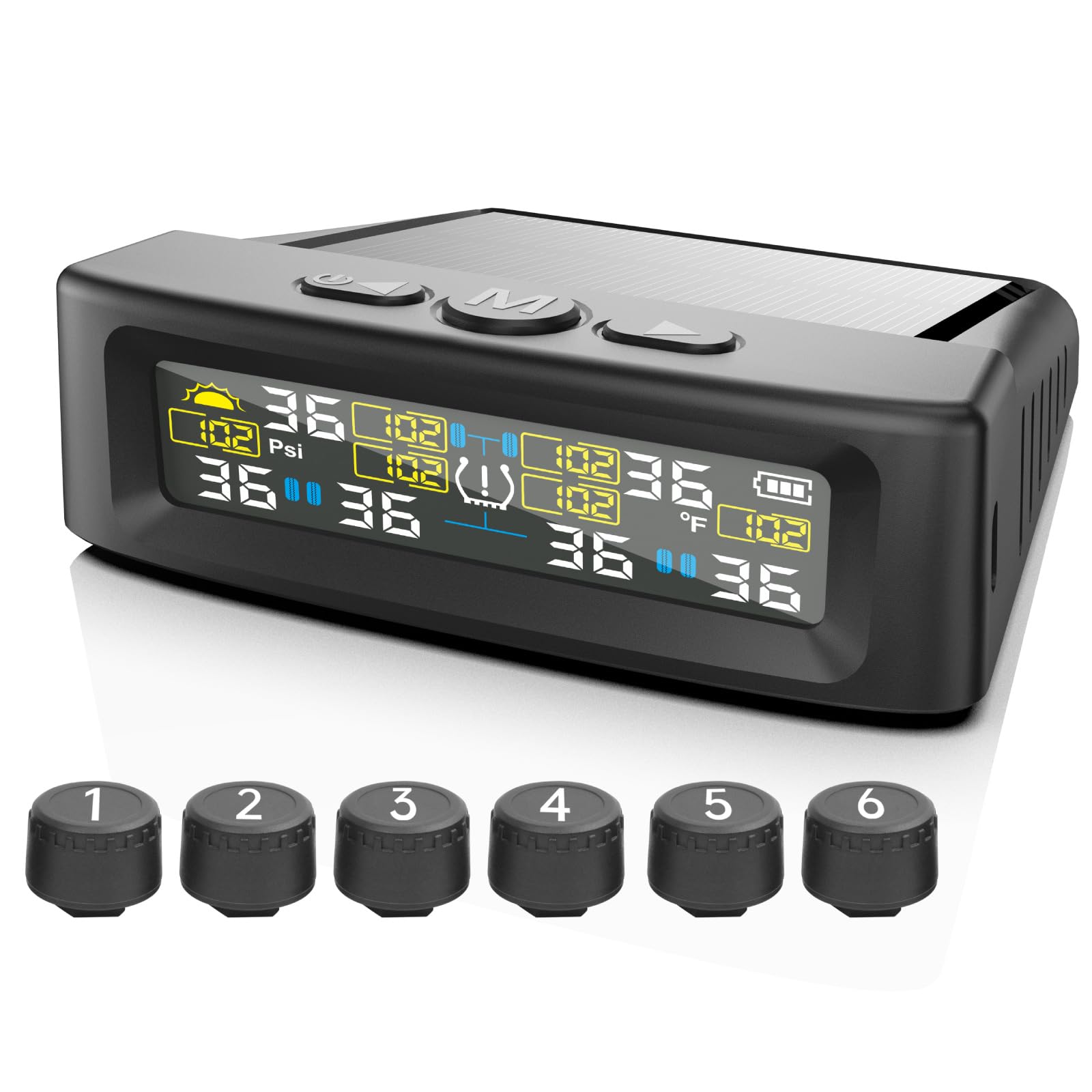 Photo 1 of ***MISSING PIECES -SELLING AS PARTS ONLY*** AOVSTOXIC RV Tire Pressure Monitoring System, 6-Wheel Real Time Wireless TPMS Sensors Set of 6 for Cars, SUVs & Light Trucks (0-9.9 BAR, 0-144 PSI, Solar/USB Charging)±3 PSI (6 Sensors)