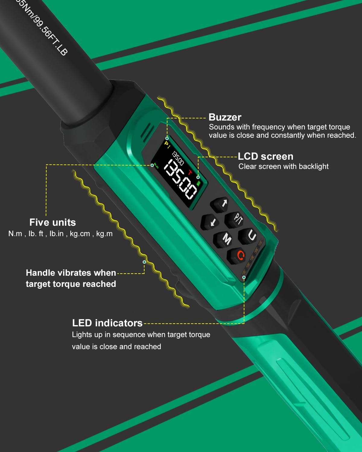 Uharbour Llave dinamométrica digital de 1 cm 2-134.9 N·m/6.8-135Nm | ± 1% de precisión llave eléctrica, trinquete de doble dirección, vibración y alerta LED