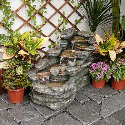 YZM 36.61" L Cascading Outdoor Water Fountain with LED Lights 5-Tier Resin Rock Waterfall Fountain for Garden, Patio, Yard or Indoor Decor