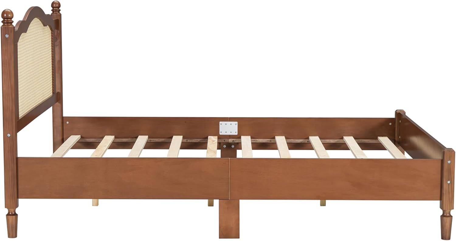 Merax Queen Bed Frame with Rattan Headboard, Vintage Farmhouse Wooden Platform Beds for Bedroom and Guest Room, No Box Spring Needed, Walnut