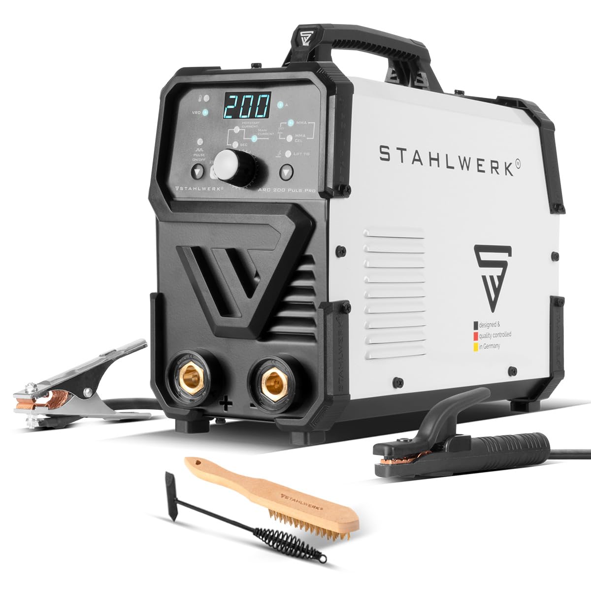 STAHLWERK Elektroden-Schweißgerät ARC 200 Puls Pro – Schweißen ohne Schutzgas, kompakter MMA, E-Hand, Lift-TIG Inverter mit 200 A, Hot Start, Arc Force, Antistick, IGBT Technologie, Pulsfunktion