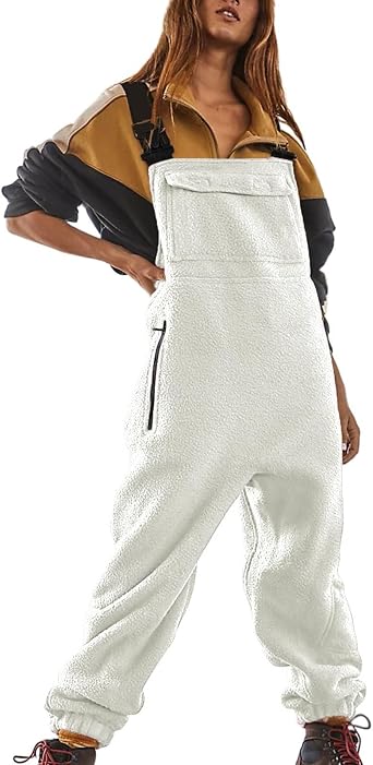 Women Fleece Overalls Winter Fuzzy Jumpsuits with Pocket One-piece Fluffy Snow Bibs Adjustable Strap Snowsuit