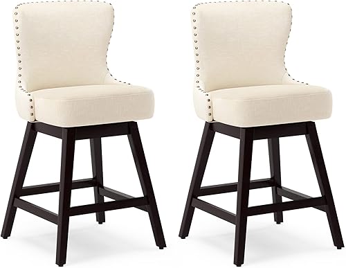 Miniatura 8 de Cozyman Counter Height Bar Stools Set of 2, 26" H Swivel Bar Stool with Back, Linen Fabric Counter Stool, Solid Wood Legs, Retro Upholstered