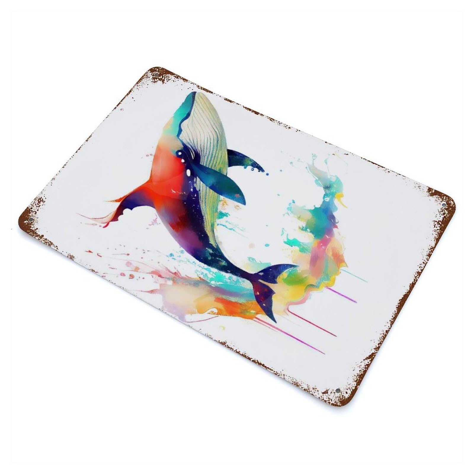 Distressed Metal Wall Sign Watercolor Whale Splashing 11.8"x7.9", Decorative Metal Wall Art for Farmhouse, Kitchen And Entryway Decor