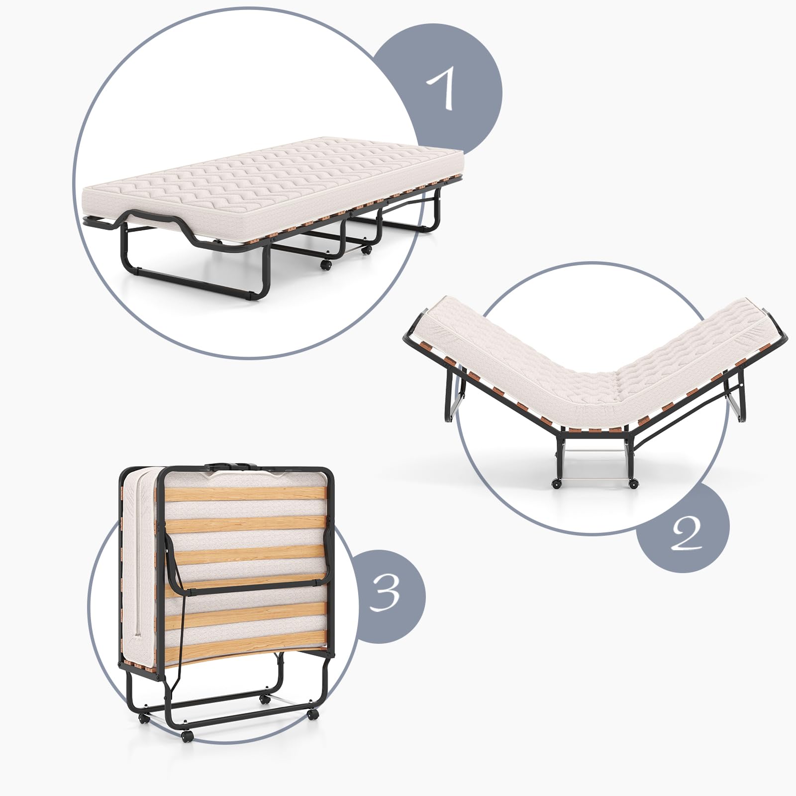 LIFEZEAL Brandina Pieghevole con Materasso, Letto Singolo a Scomparsa, Letto di Emergenza per Ospite, con 4 Ruote, Telaio in Acciaio, 15 Doghe in Legno, Salvaspazio, Max 120 kg, Made in Italy