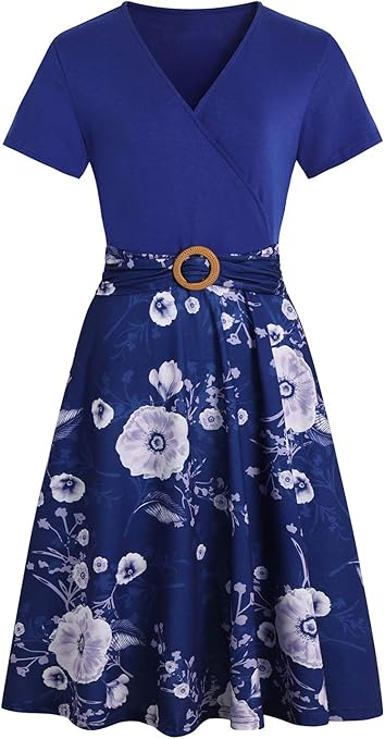 Vintage Wrap Dress Pockets Work Casual Church Summer HELYO Women's  Criss-Cross V-Neck Short Sleeve Fit & Flare Dress With Pockets -  Knee-Length Church, Work, Casual Wear Women Floral Dress