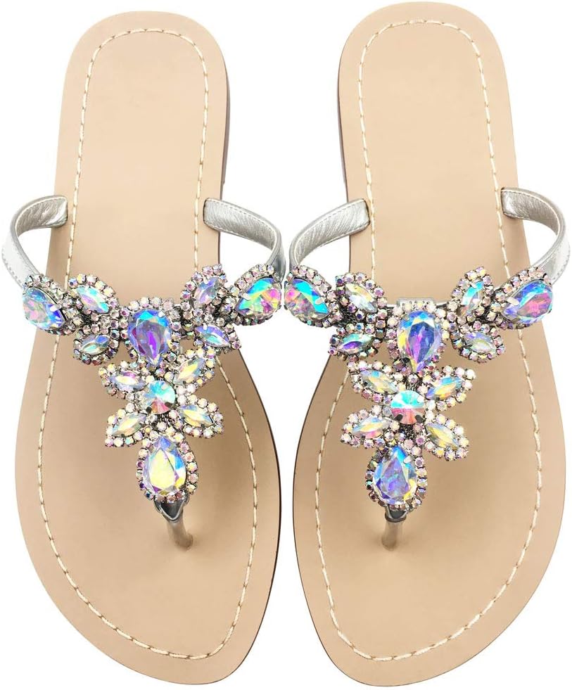 Women's Rhinestone Sandals, Bohemia Flat Sandals, Low Heel Flip Flop, Jeweled Sandals Silver Size 5.5