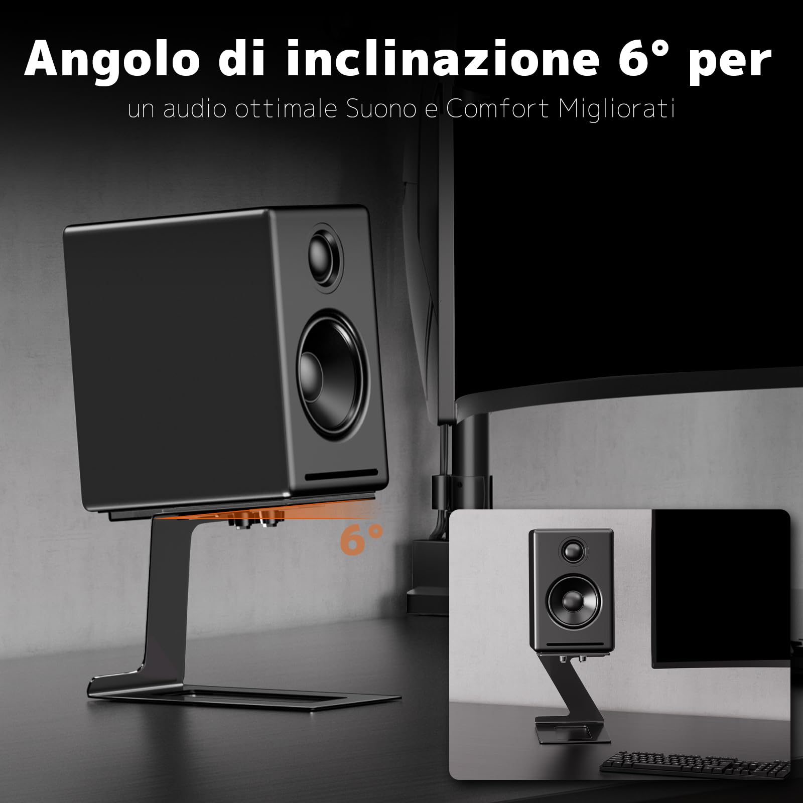 Supporti per Altoparlanti da Scrivania, per la Maggior parte di Altoparlanti da Scaffale Piccoli e Medi, Profondità fino a 19.6 cm, Inclinazione 6°, Base con Pad di Assorbimento Vibrazioni, Nero