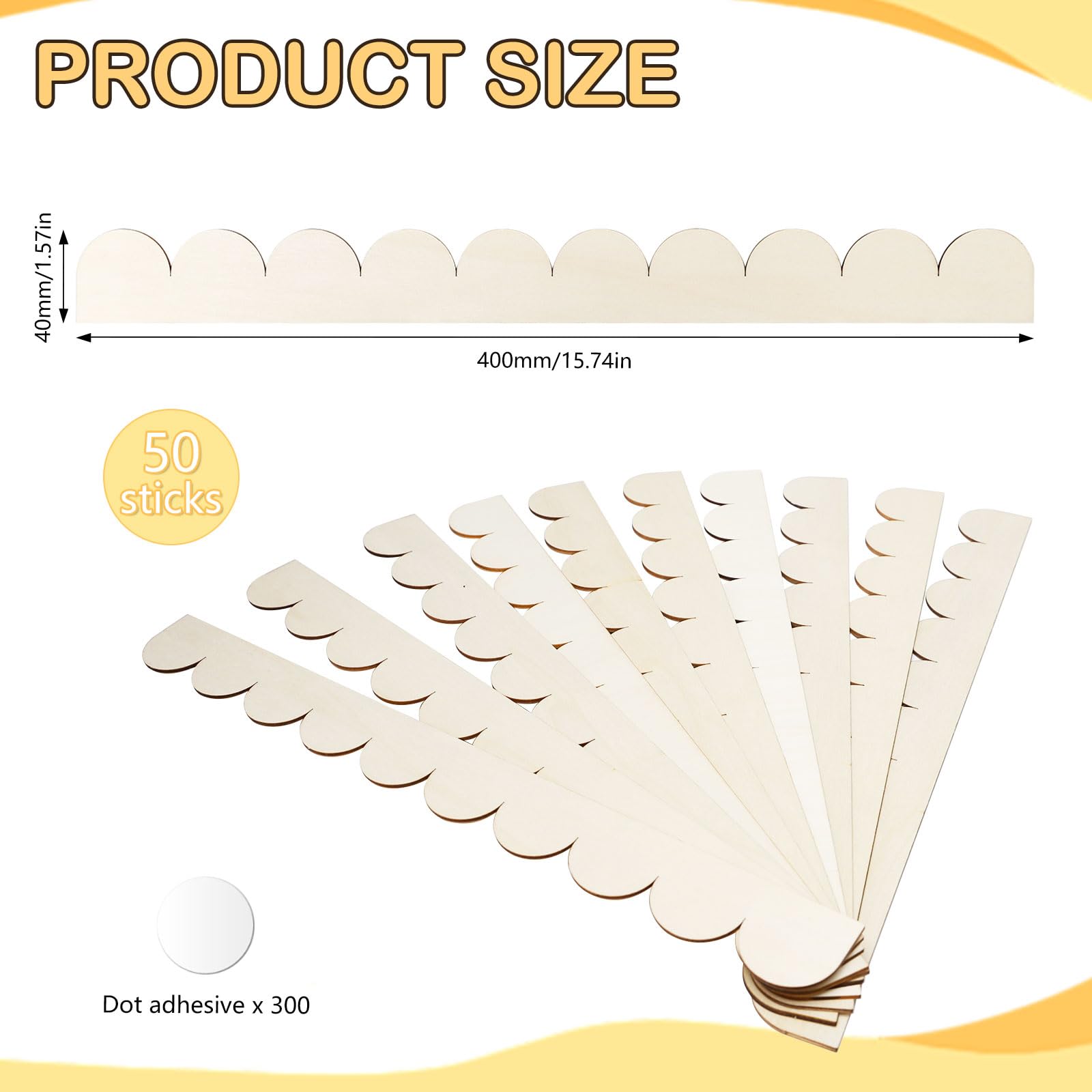 50 Piezas Moldura de Madera Decorativa Ondas 40 x 4 cm Listón Madera Festoneada Sin Terminar Moldura madera Pared con Puntos Adhesivos para Gabinete,Estante,Ventana,Puerta